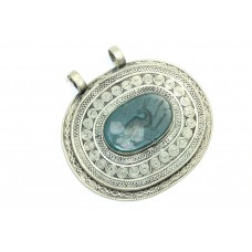 Handcrafted Afghani Pendant 925 Sterling Silver India Hand Engraved Green Stone
